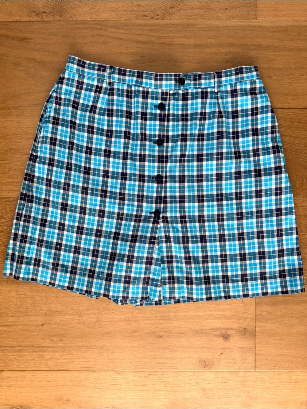 VTG 90s Liz Claiborne Button Front Wrap Skort Turquoise Plaid Cotton 14P Golf